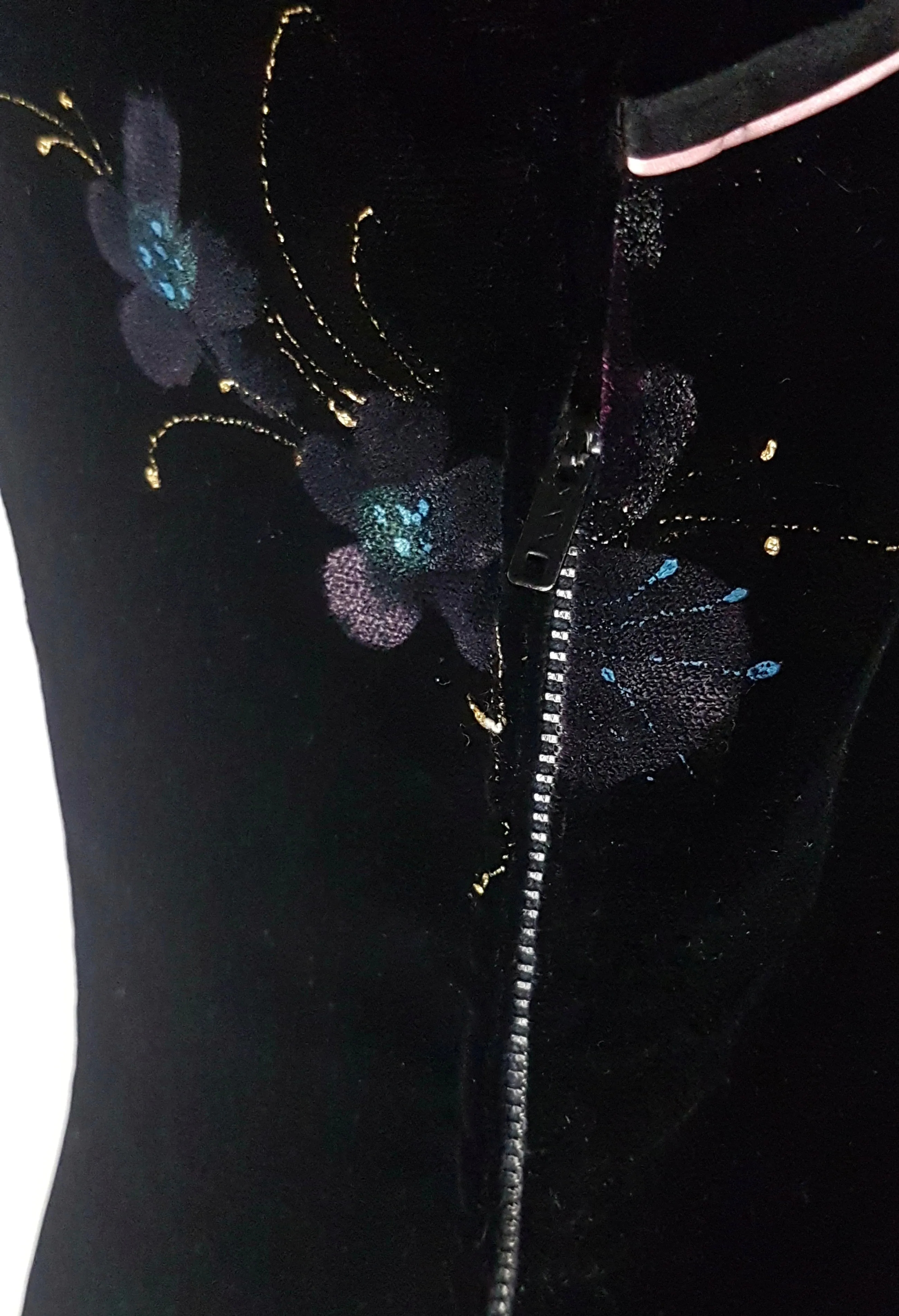 Vintage 1950's | Hand Painted Black Velvet Floral Cheongsam Qipao Dress