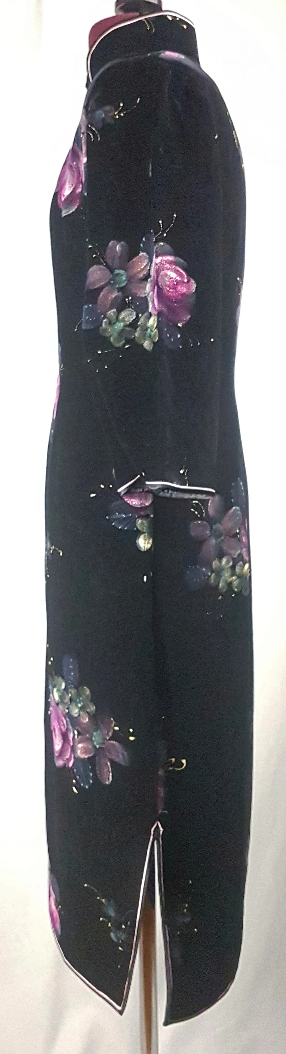 Vintage 1950's | Hand Painted Black Velvet Floral Cheongsam Qipao Dress