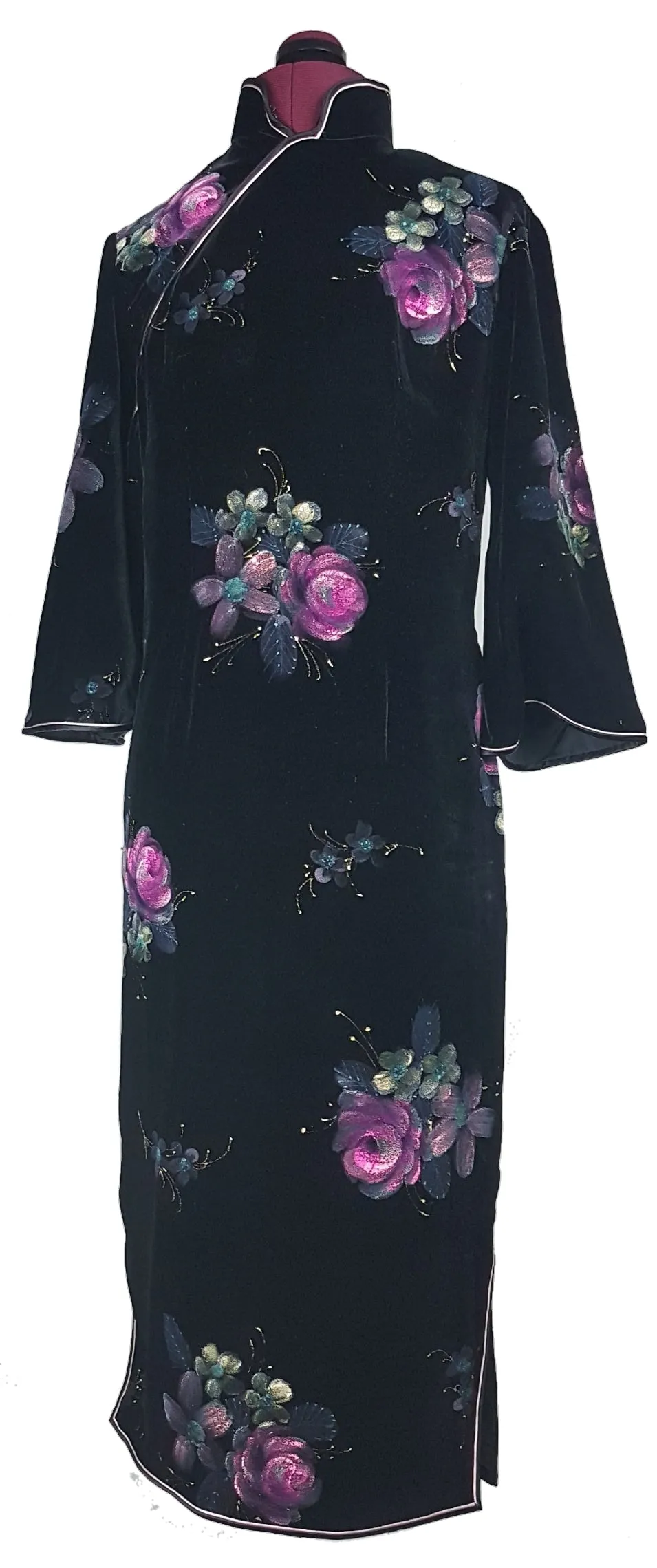 Vintage 1950's | Hand Painted Black Velvet Floral Cheongsam Qipao Dress