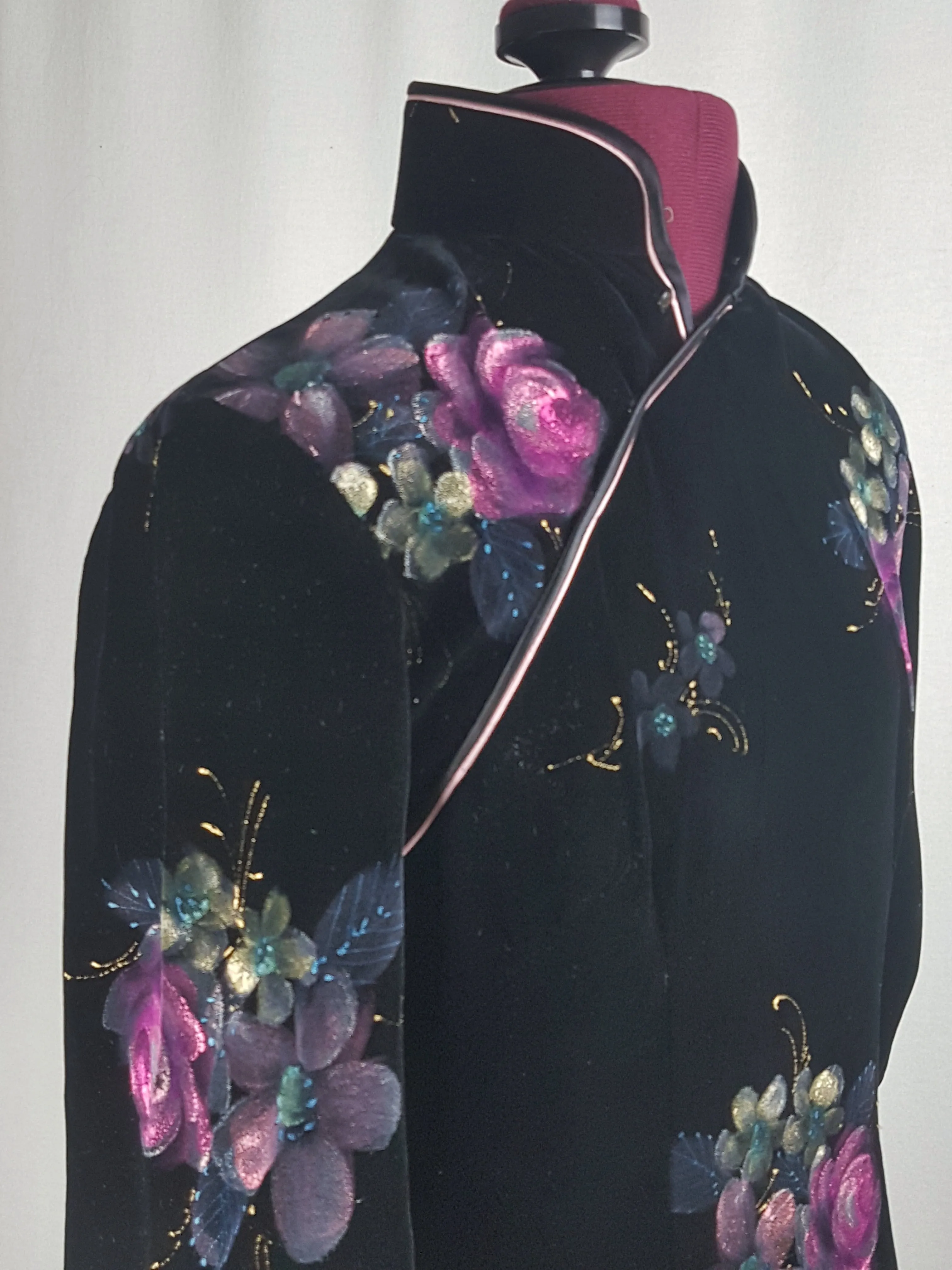 Vintage 1950's | Hand Painted Black Velvet Floral Cheongsam Qipao Dress