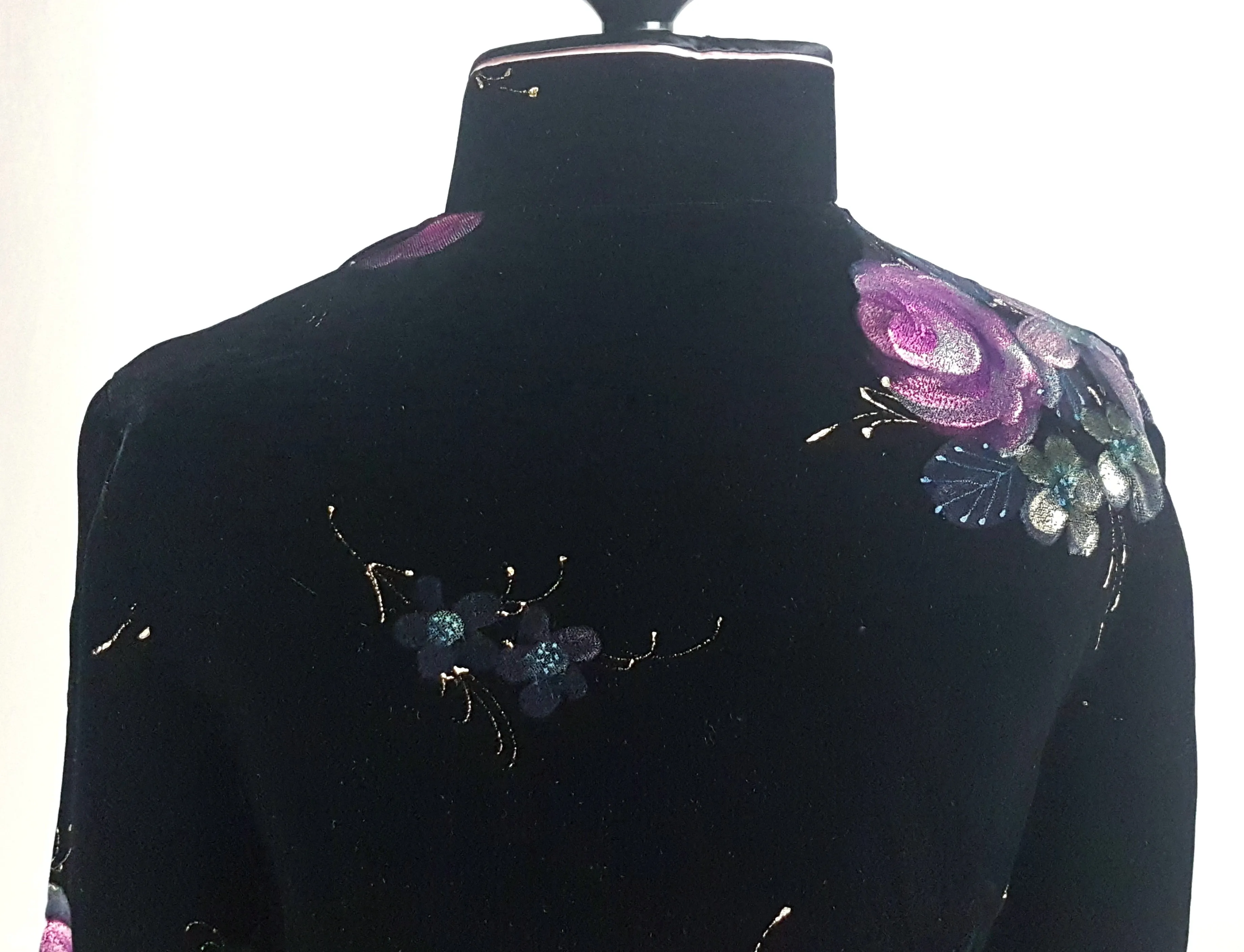Vintage 1950's | Hand Painted Black Velvet Floral Cheongsam Qipao Dress