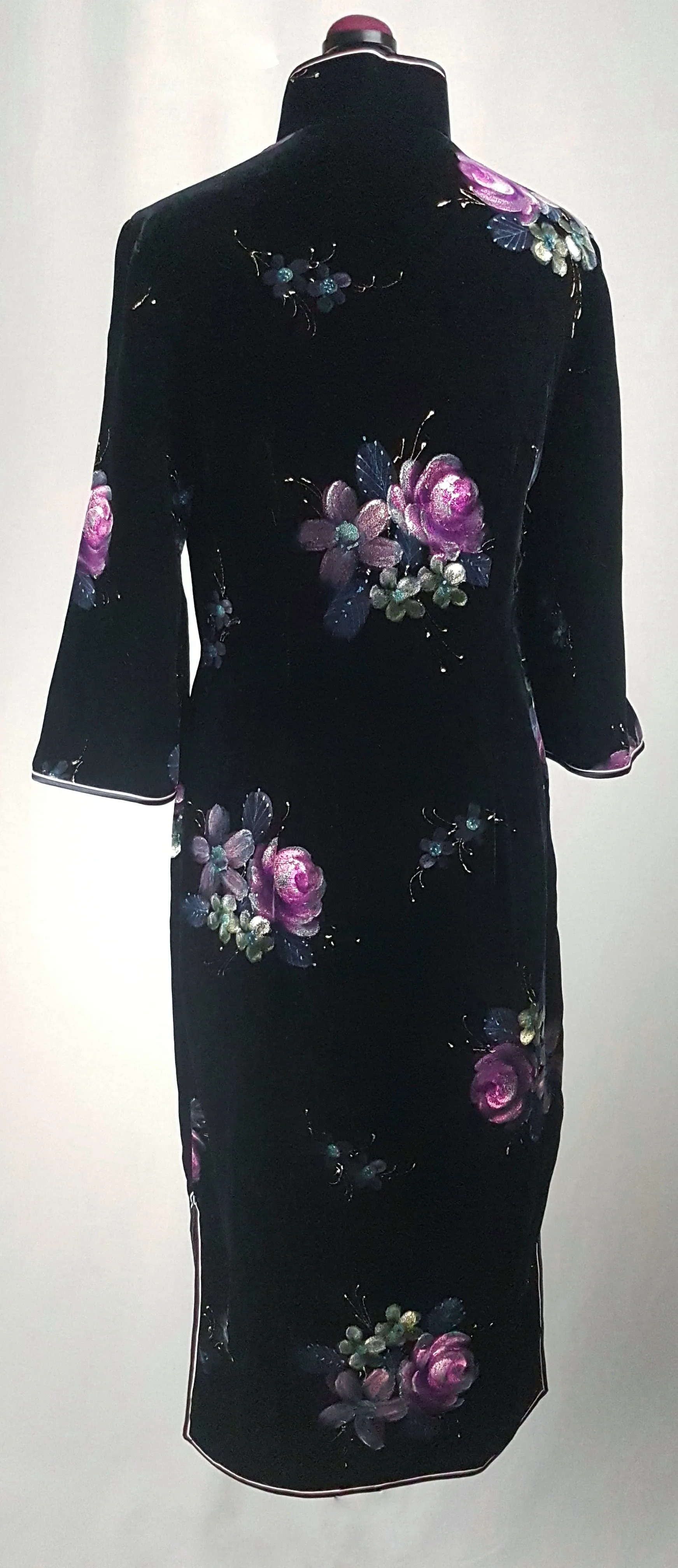 Vintage 1950's | Hand Painted Black Velvet Floral Cheongsam Qipao Dress