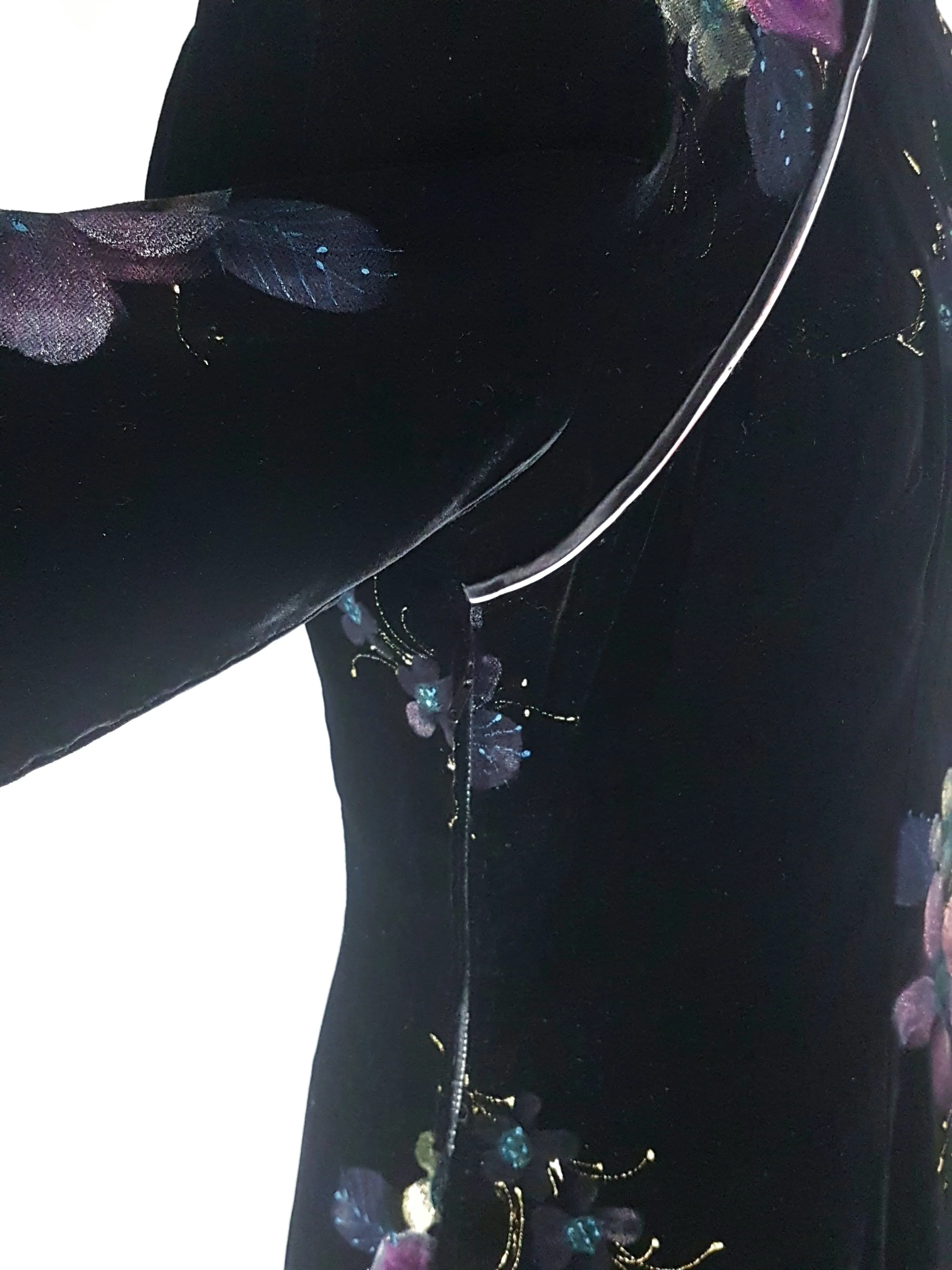 Vintage 1950's | Hand Painted Black Velvet Floral Cheongsam Qipao Dress