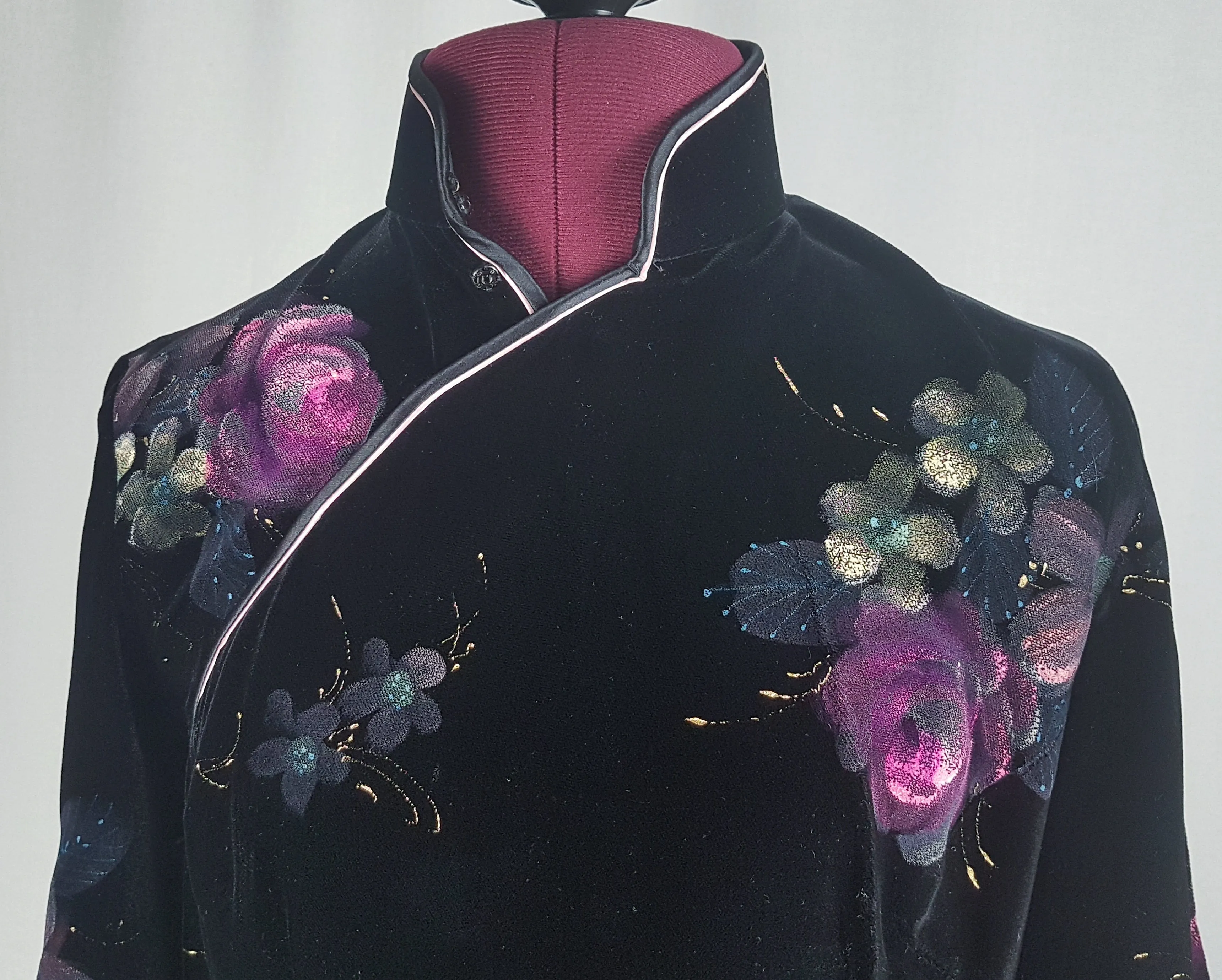 Vintage 1950's | Hand Painted Black Velvet Floral Cheongsam Qipao Dress