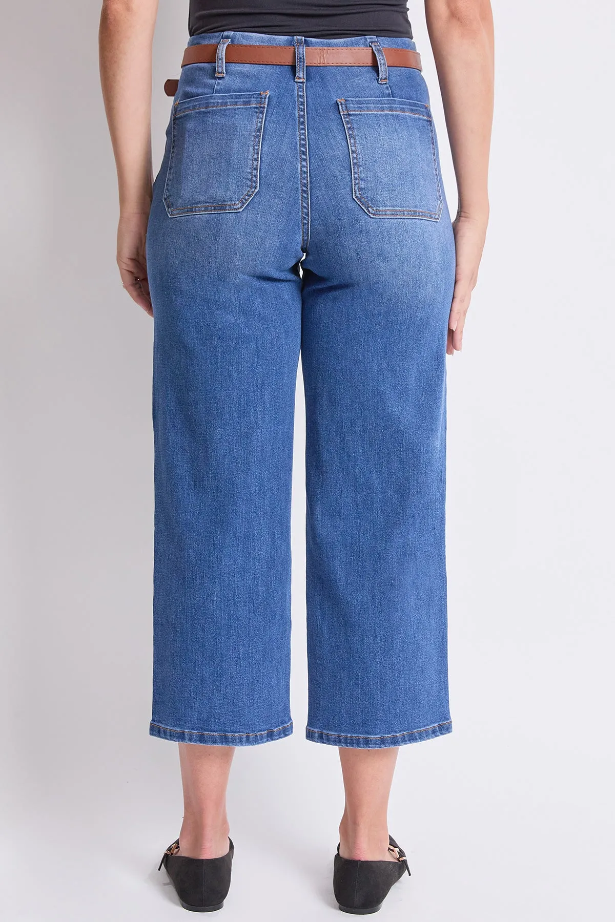 Women's High Rise Crop Belted Wide Leg Jeans