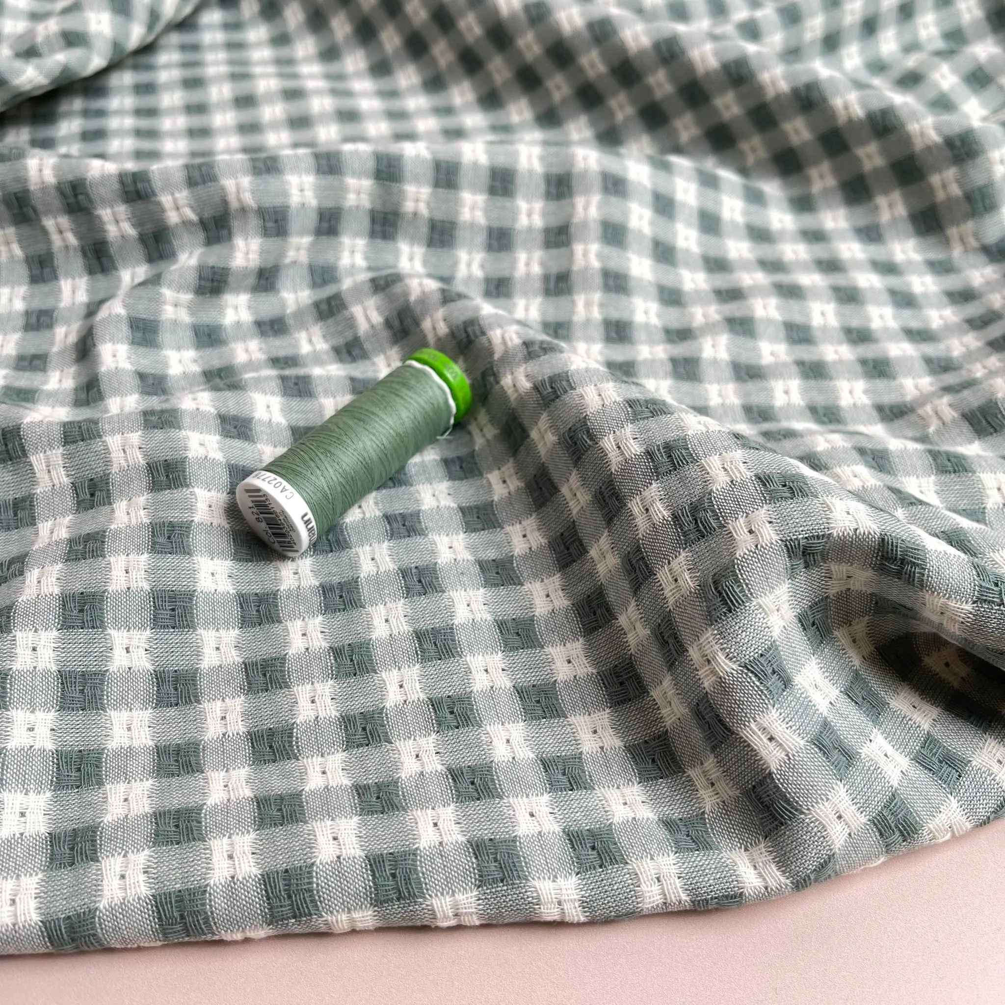 Yarn Dyed Sage Green Embroidered Cotton Gingham Fabric