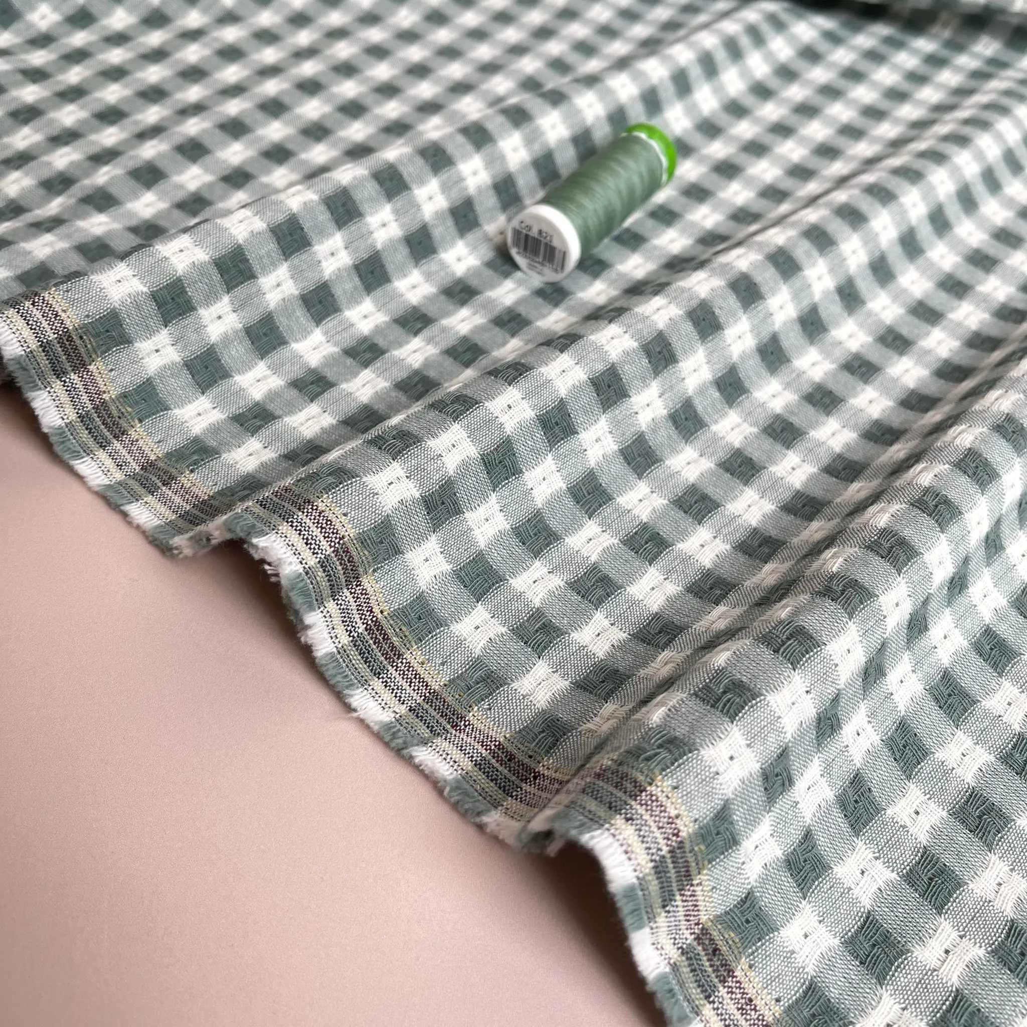 Yarn Dyed Sage Green Embroidered Cotton Gingham Fabric