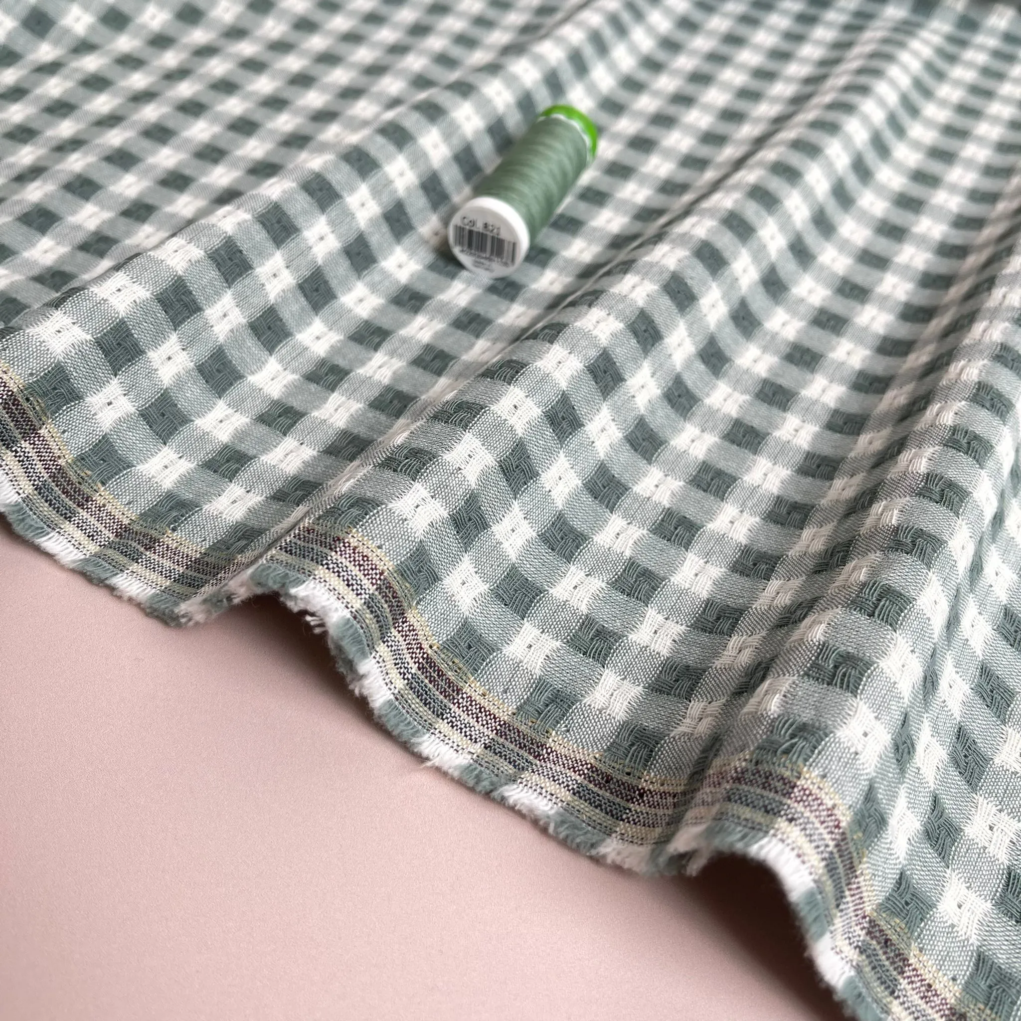 Yarn Dyed Sage Green Embroidered Cotton Gingham Fabric