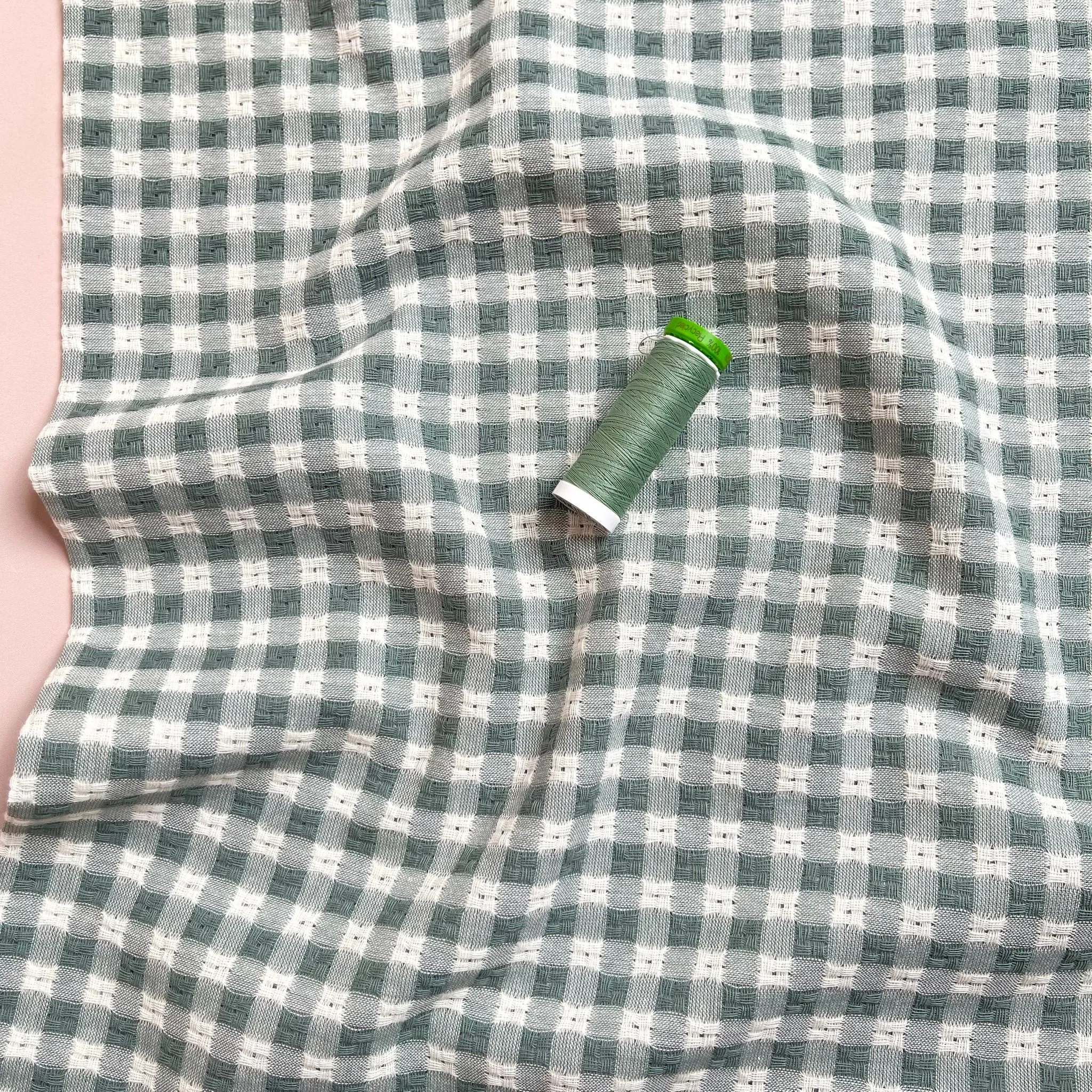 Yarn Dyed Sage Green Embroidered Cotton Gingham Fabric