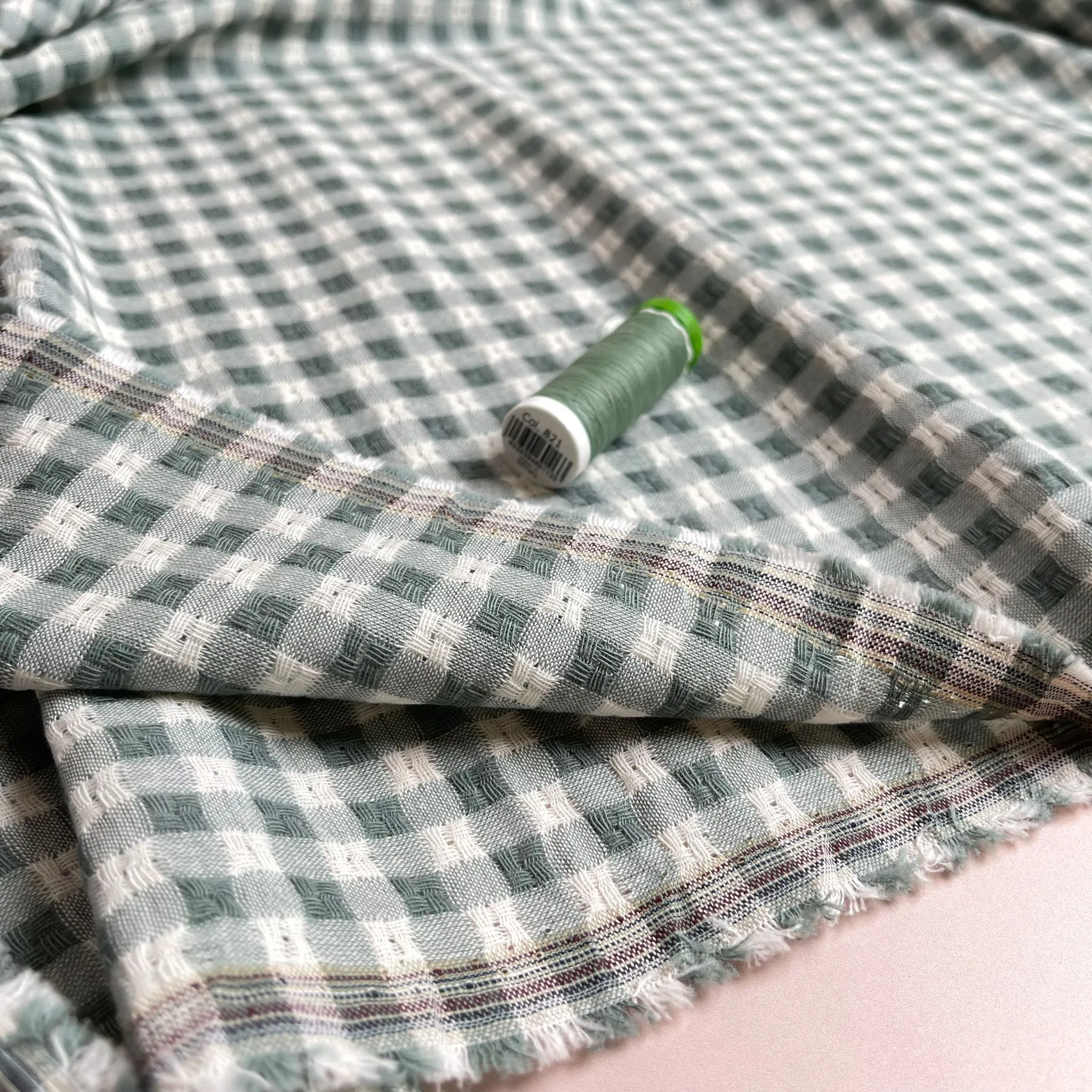 Yarn Dyed Sage Green Embroidered Cotton Gingham Fabric