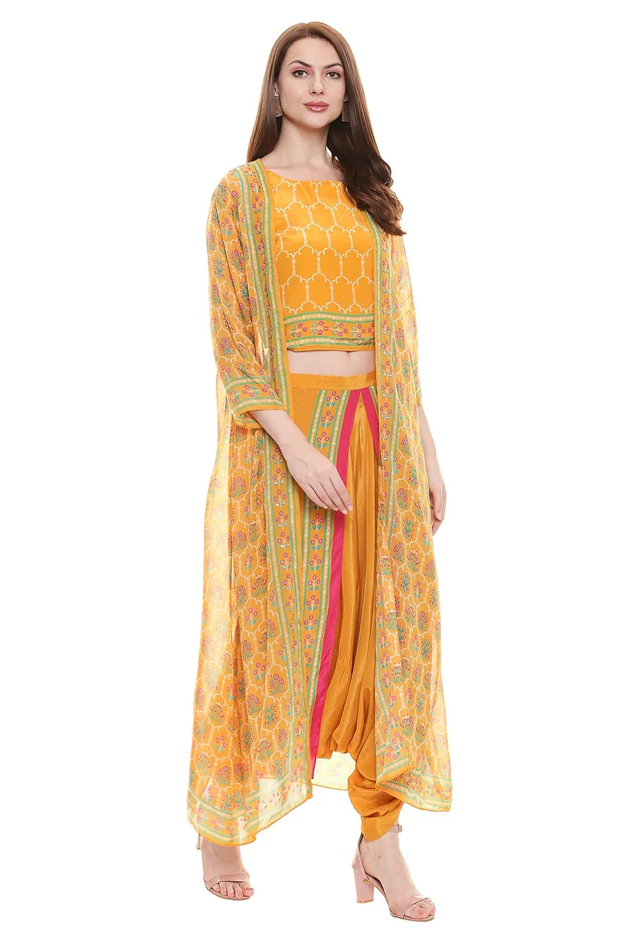 Yellow Crop Top & Dhoti With Jacket (Set of 3)